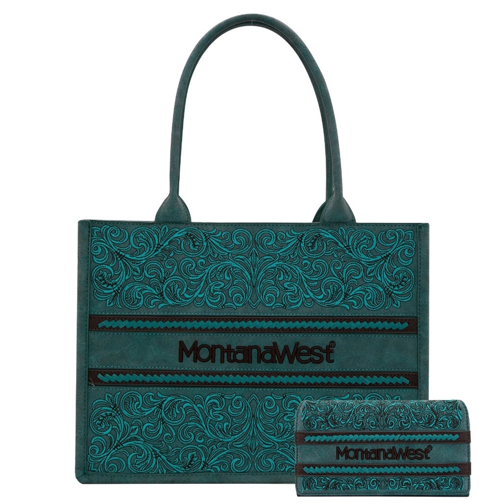 Montana West Embroidered Collection Concealed Carry Tote Wallet Set Turquoise